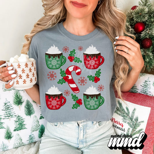 Hot Coco & Candy Canes FAUX Embroidery - DTF (Direct to Film)